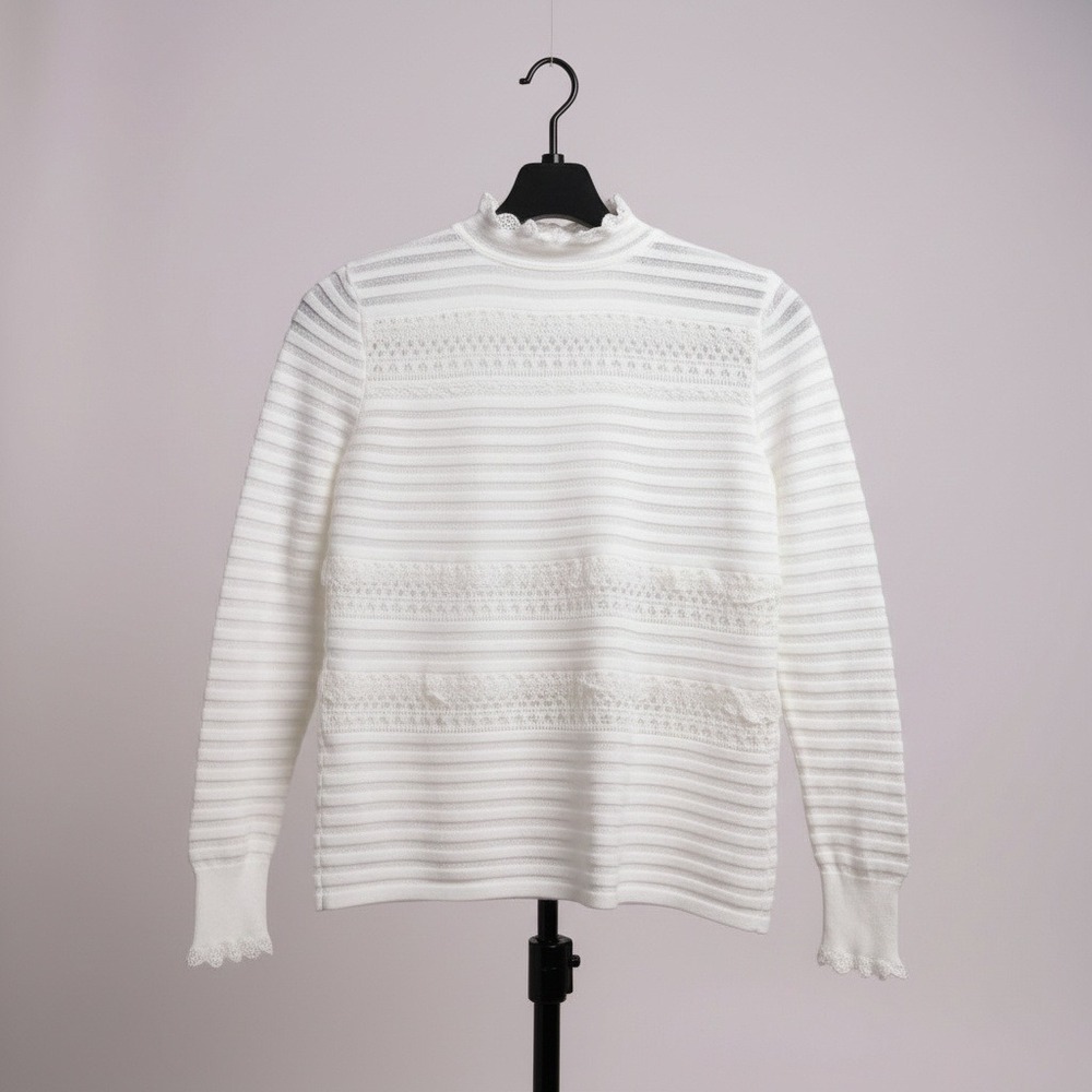 White House Black Market Striped Lace Mock Neck Long Sleeve Top Womens Size S‎